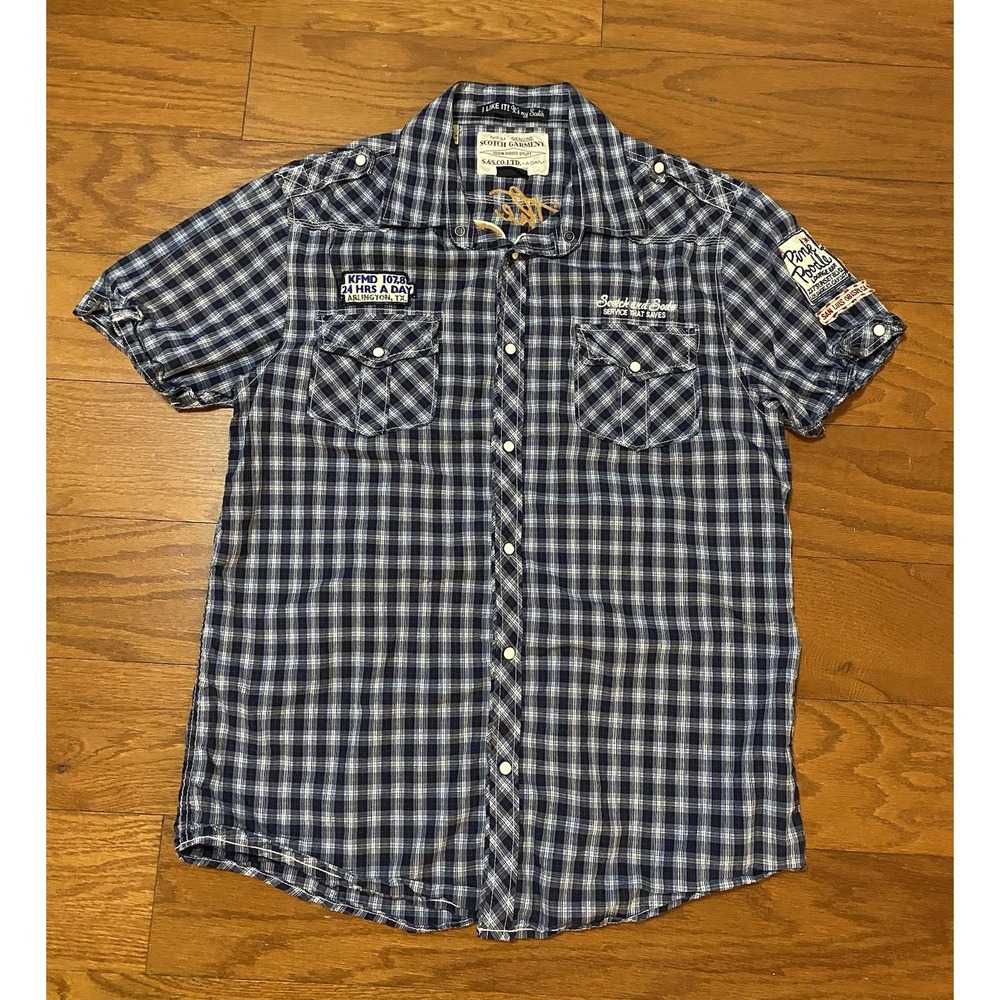 Men's Scotch & Soda Western Pearl Snap Shirt XL Plaid Short Sleeve Motorcycle